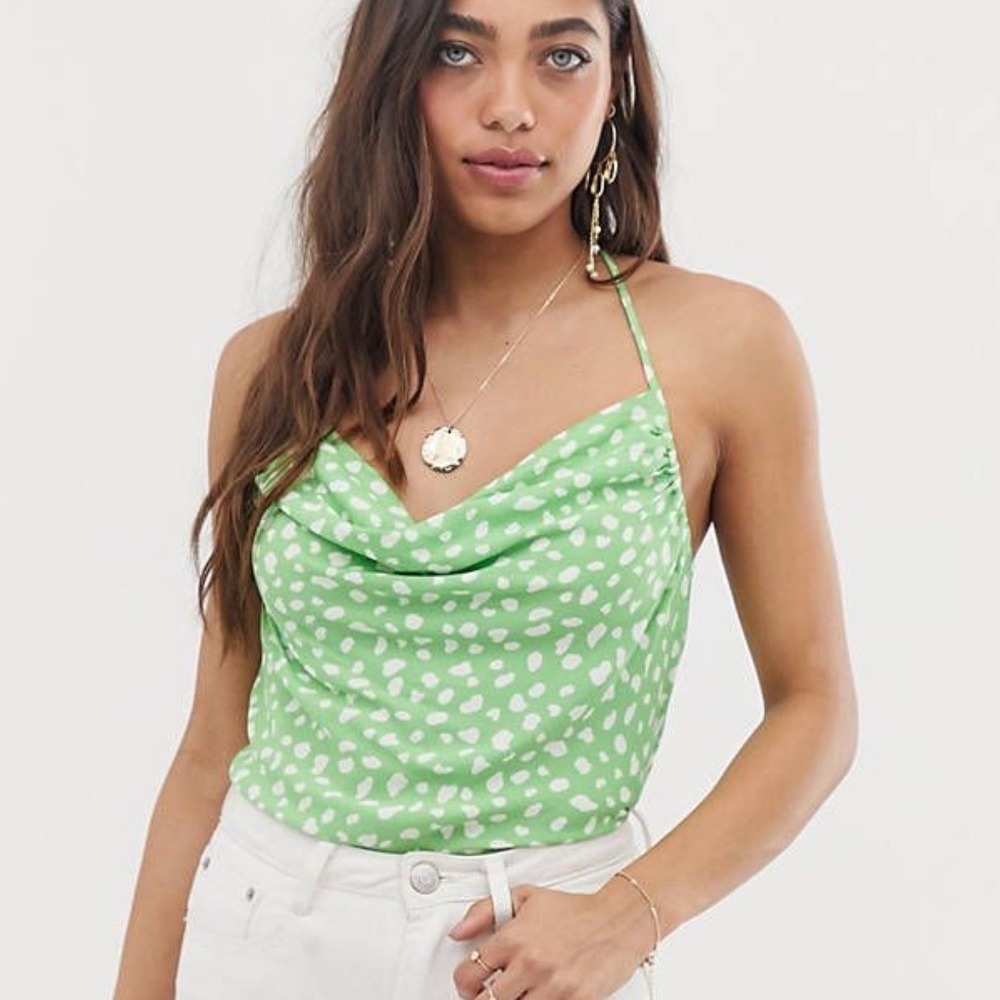 Moon River Anthropologie Halter Top Medium Green Polka Dot Cowl Neck T-Back NWT